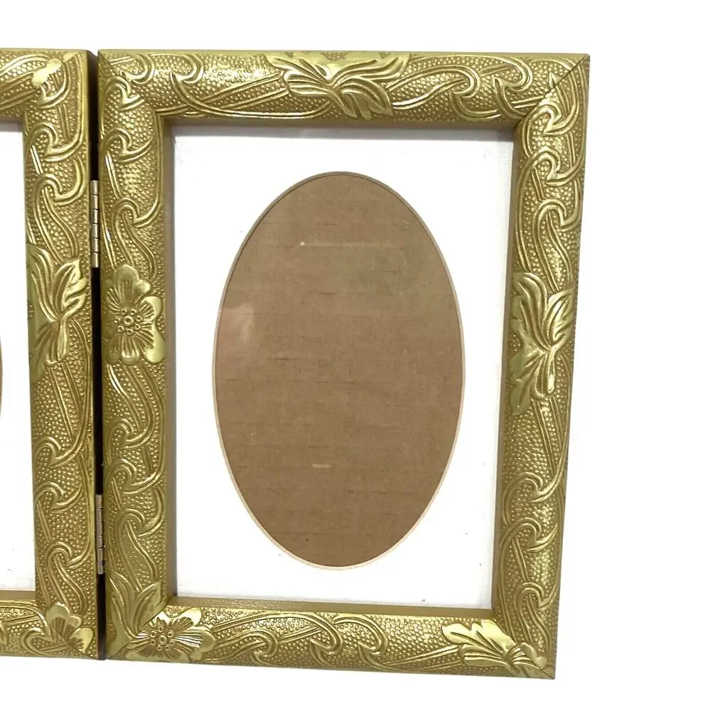 Gold Frame Double Photo Holder Textured Embossed Finish Art Deco Cottage Chic